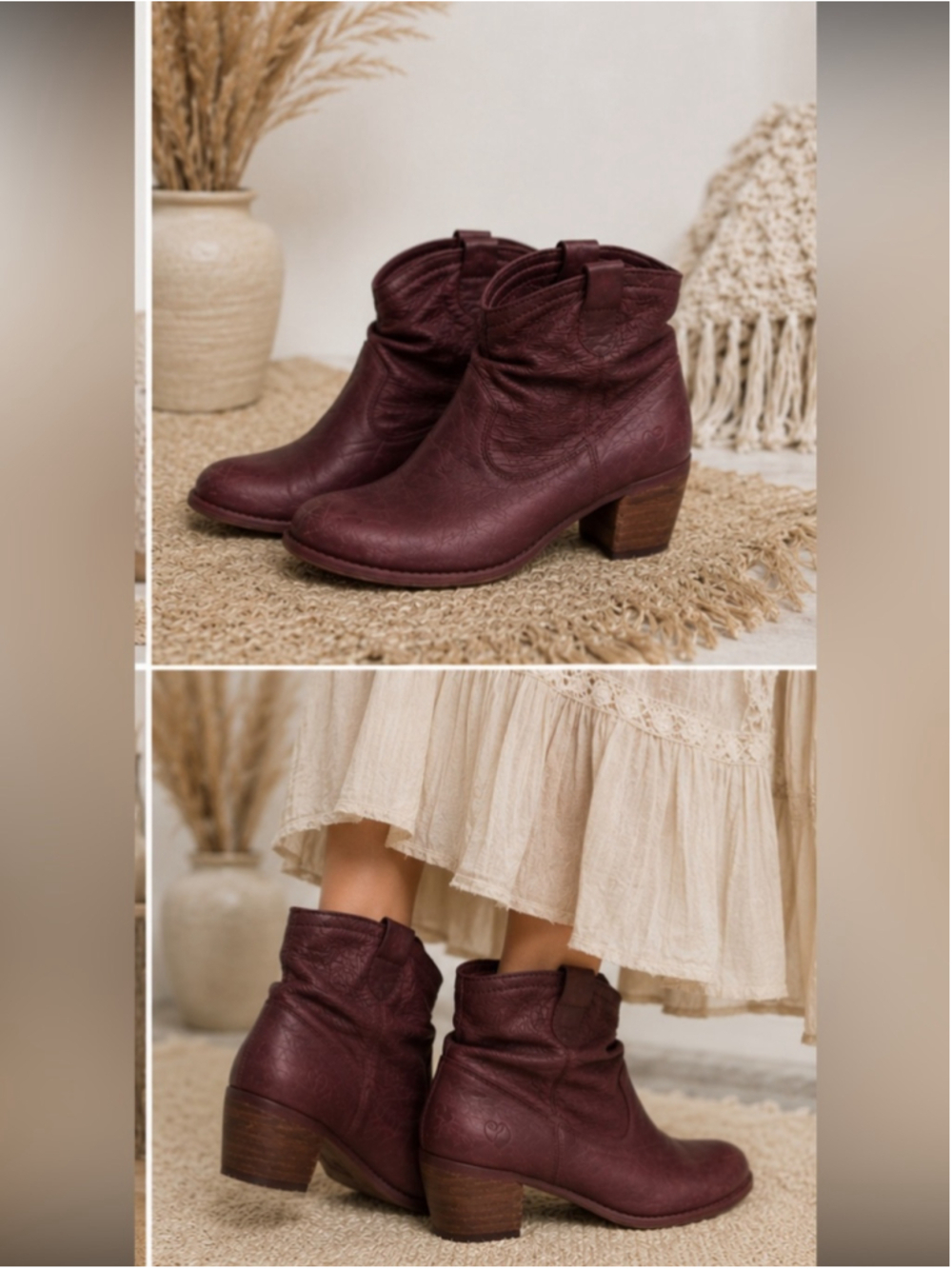Felmini boots western burgandy cowboy booties leather slouchy boho sz 8.5
